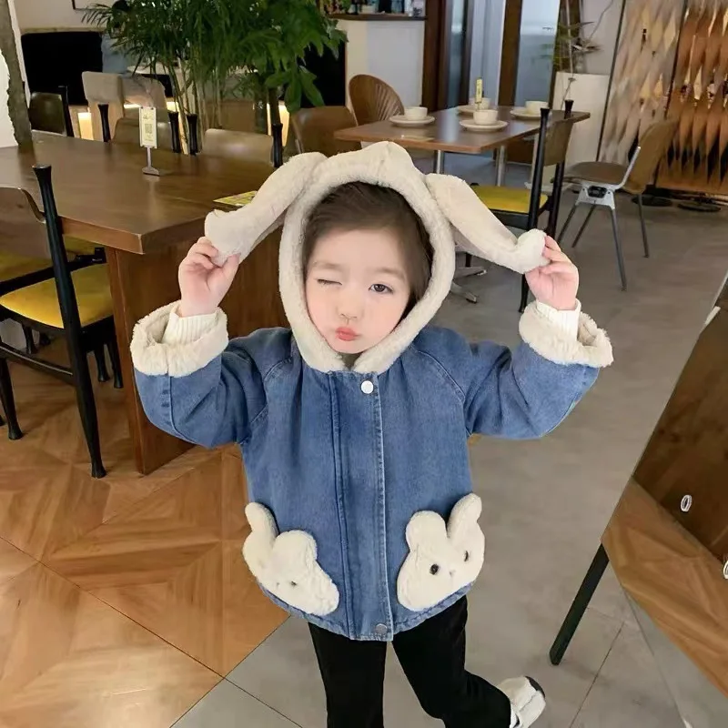 2024Girls Spring, Autumn and Winter New Denim Lamb Wool Velvet Padded Thickened Coat