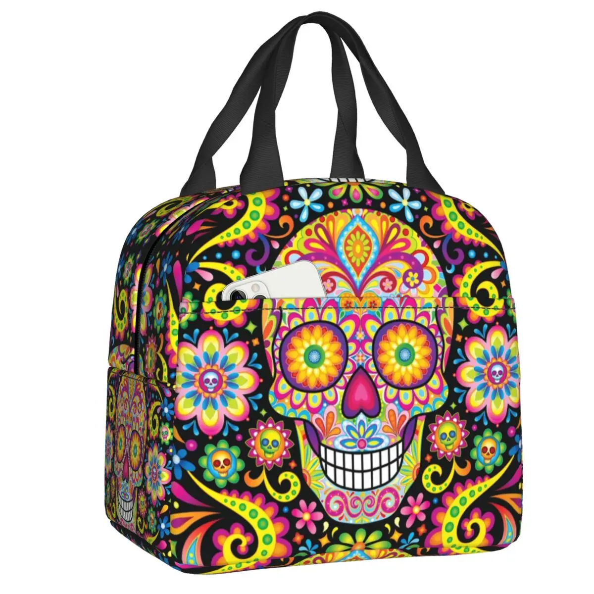 Mexican Sugar Skull Day Of The Dead Art Insulated Lunch Bags Women Resuable Thermal Cooler Food Lunch Box Outdoor Camping Travel