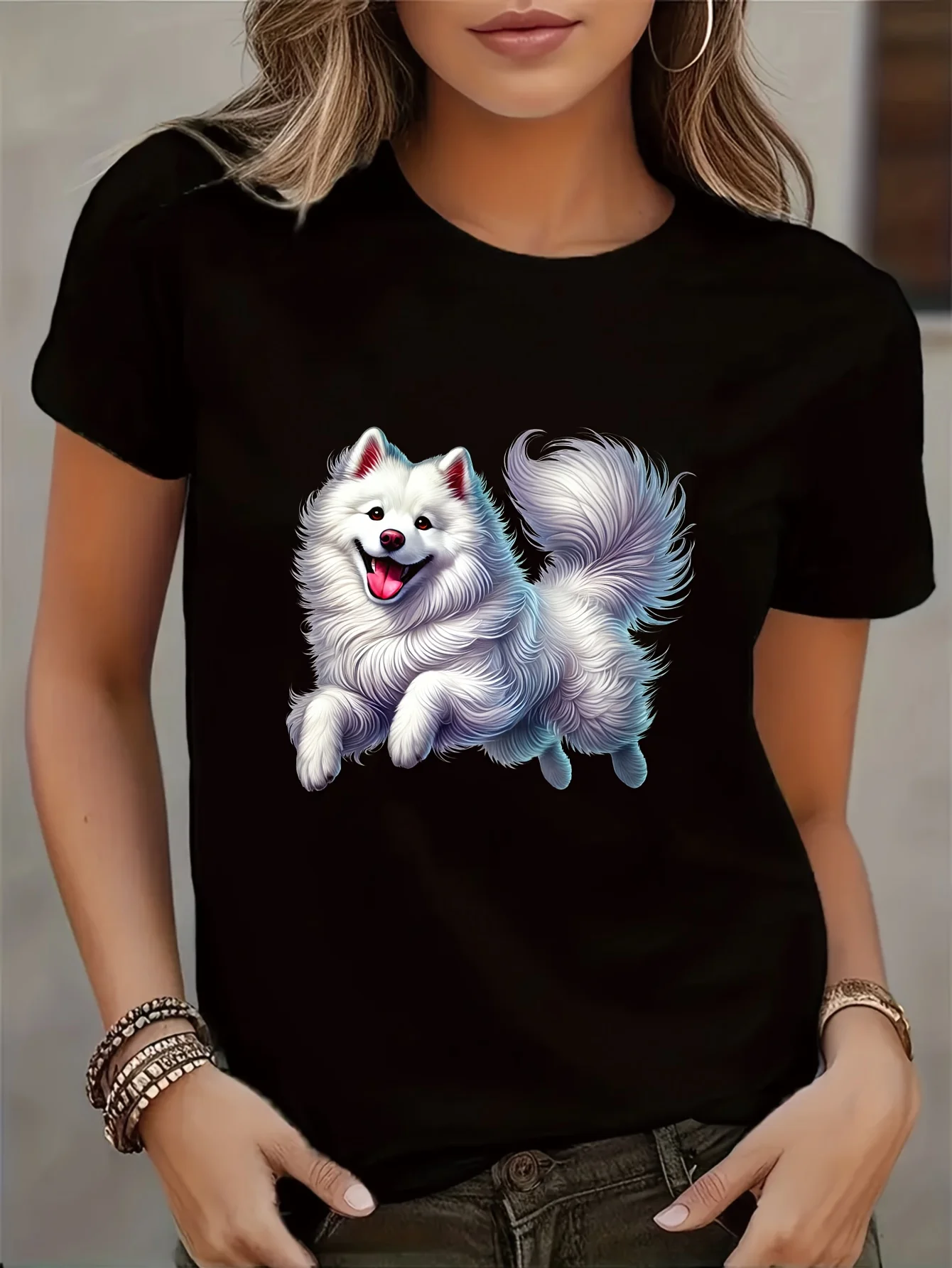 Women Samoyed Dog Print T-Shirt Casual Short Sleeve Round Neck Semi-Sheer Blouse for Samoyed Lovers Machine Washable