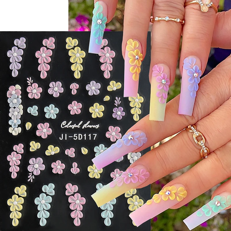 1PC Embossed 5D Nail Art Stickers Colorful Elegant Flowers Rose Butterfly Sliders For Nails White Petals Manicure Decals