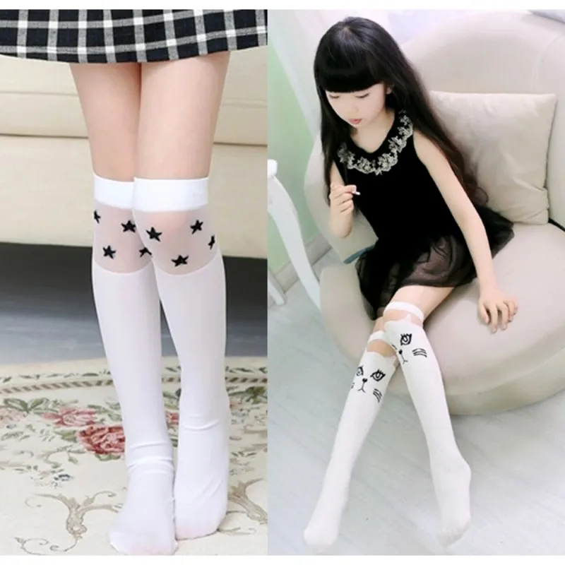 White School Girls Socks Cotton Knee High Long Stocking Cartoon Star/heart/stripe Design Princess 3-12Years Old