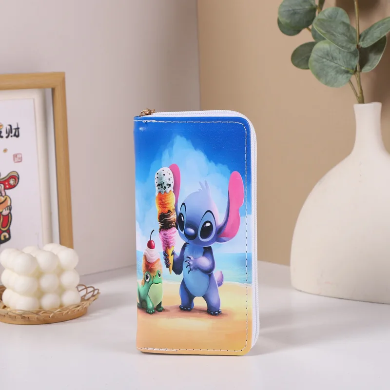 Женский кошелек Disney Stitch, кошелек для монет с героями мультфильмов, держатель для карт, двухслойная сумка на молнии, водонепроницаемая, прочная из искусственной кожи для ежедневного использования