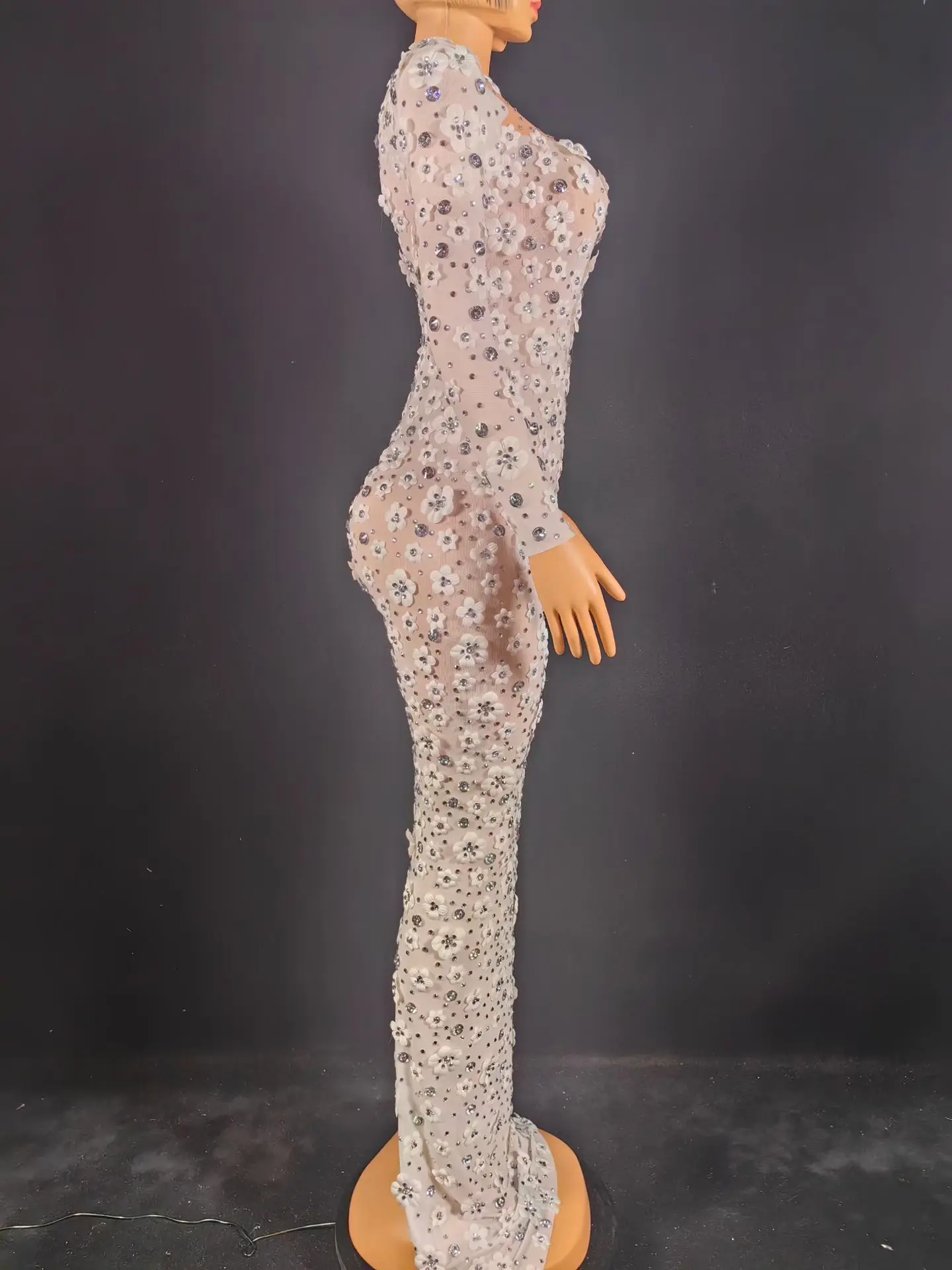Elegant Sparkly Rhinestone Event Tight Fitting Long Dresses High-end Mysterious Party Sexy Women 3D Flower Evening Gown Cunjie