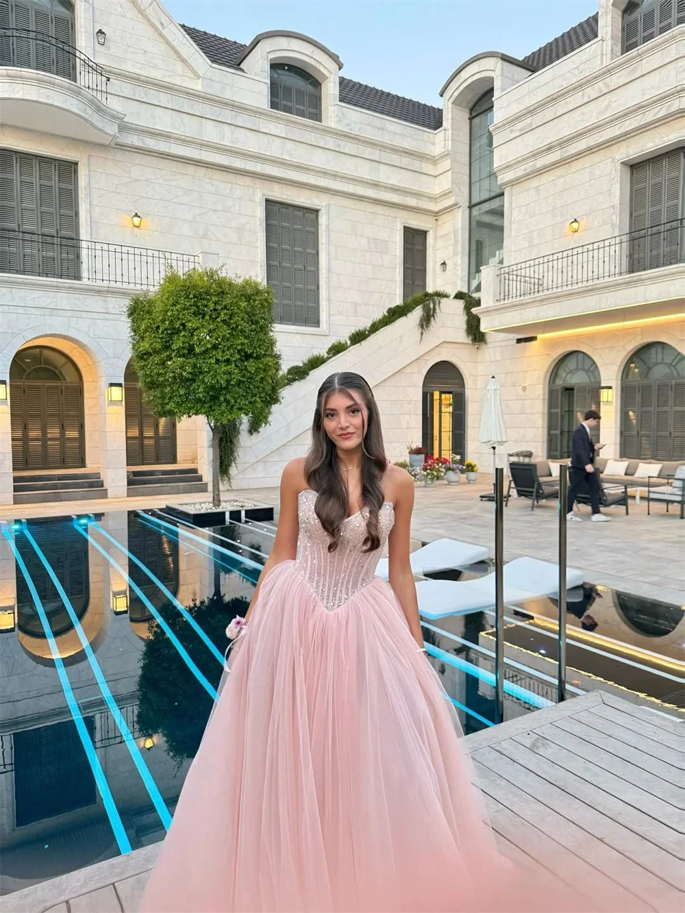 

Contessa Dubai customized Pink sweet Prom Dresses Sweetheart Neck Crystal Glitter vestidos de noche Floor-Length Formal Evening