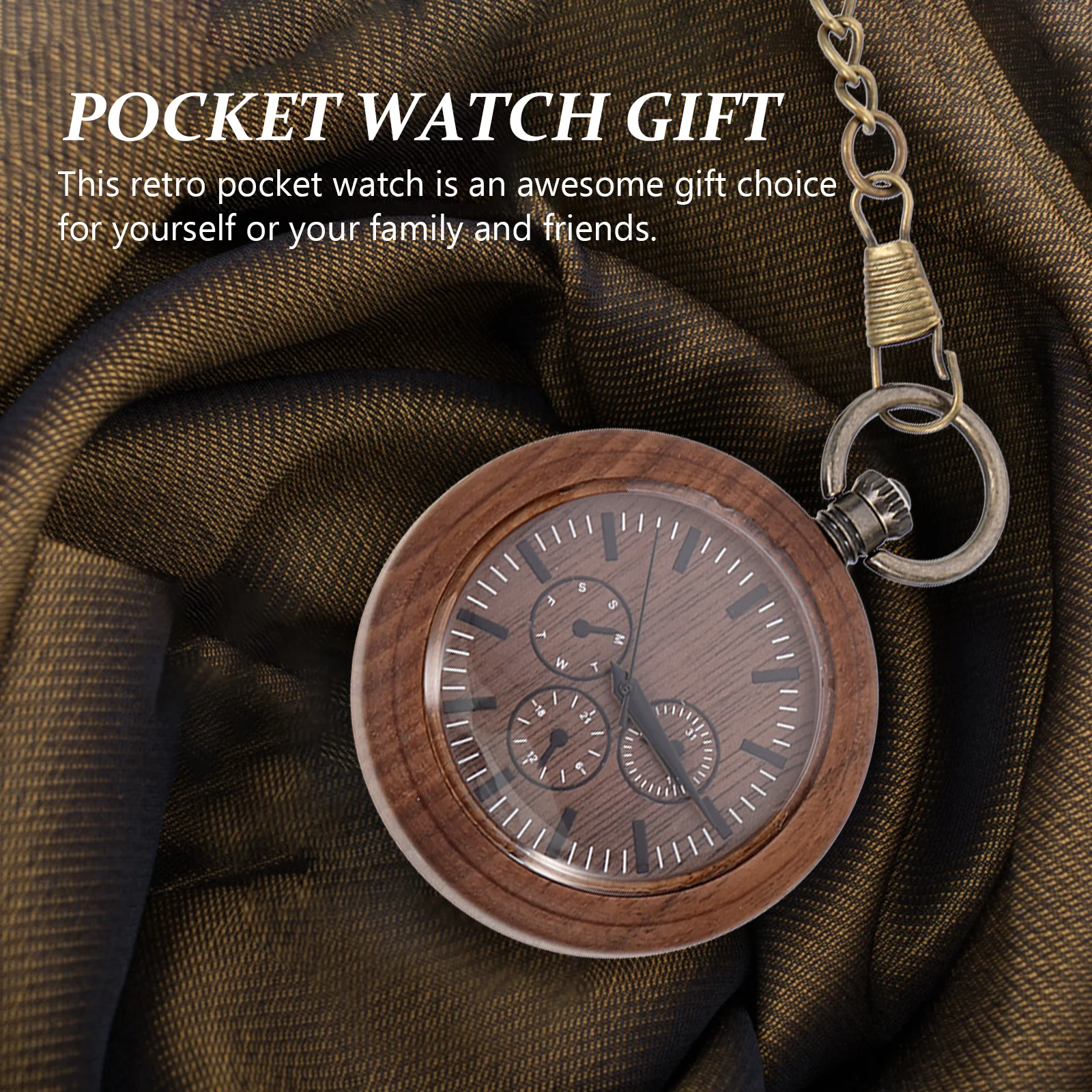 ساعة جيب خشبية بتصميم عتيق بتصميم عتيق وسلسلة متوسطة الطول ووقت دقيق وساعة معلقة مزخرفة للرجال