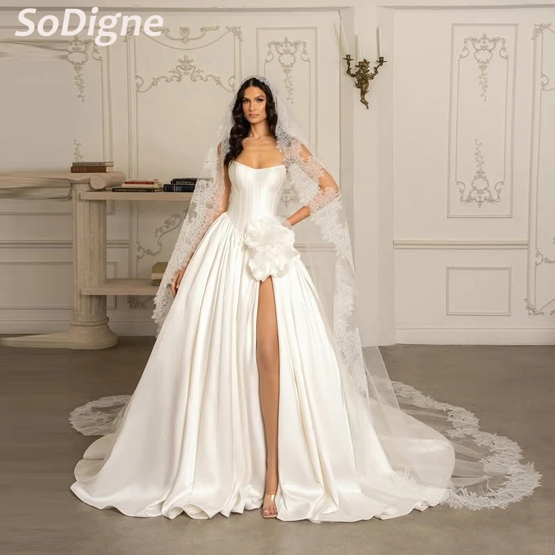 

SoDigne A-line Simple Satin Wedding Dresses Sleeveless Strapless Bridal Dress Split Beach Bride Gown Robe De Mairee Customized