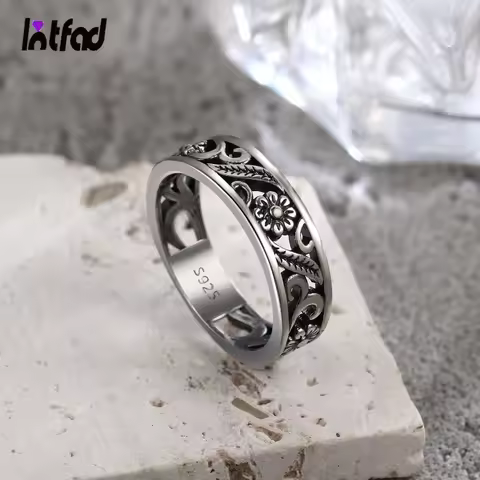 Vintage 925 Sterling Silver Rings Skeleton Flower Shaped Hollow Out Ring Retro Silver Black Ring Fine Jewelry For Men Women