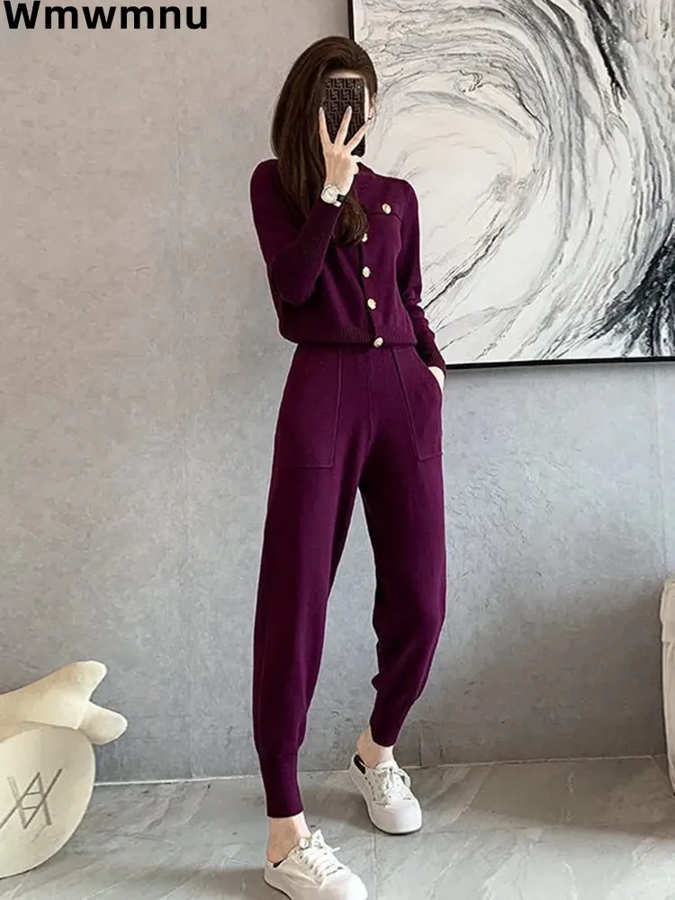 

Chic Fashion Sweater 2 Piece Set Korean Fall Winter Single Breasted Knitted Tops Conjuntos Casual Baggy Jogger Pants Ensemble