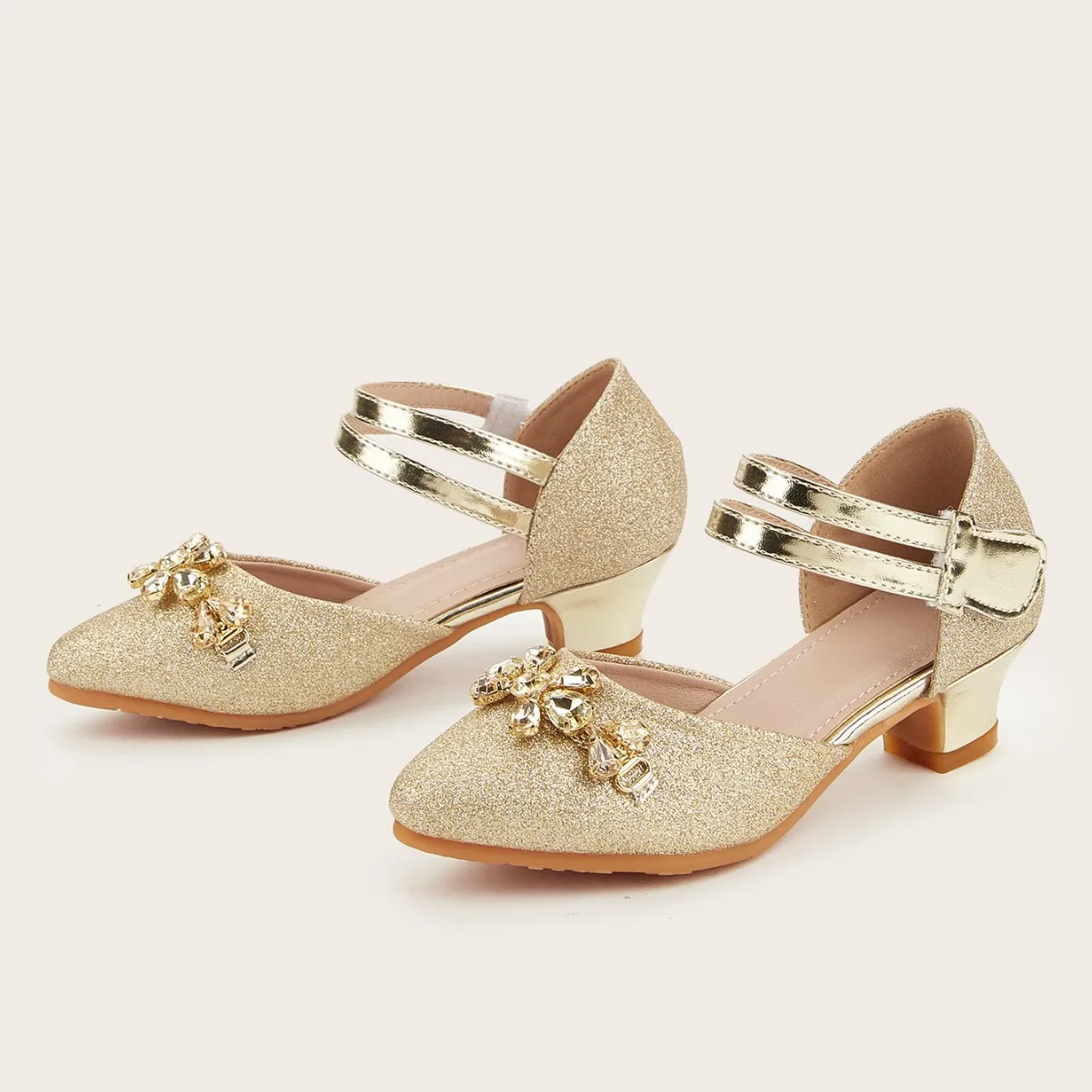 Girls Flower Girl Heel shoes kid's Gold Peep Toe Princess Heels Rhinestone Flower Patent Leather Dress Sandals for Wedding Party
