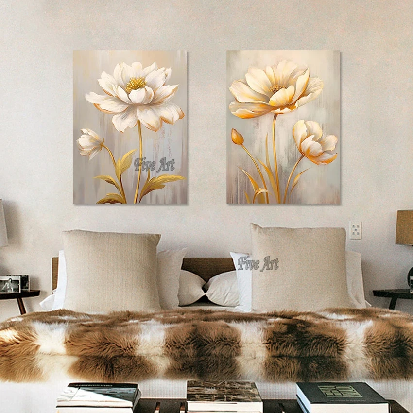 

Handmade Beautiful Flower Painting High Quality Custom Artwork Wall Picture For Restaurant 2 Panel Canvas Art Import Home Decor