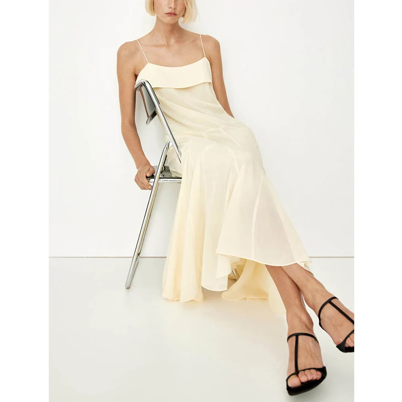 ชุดเดรสผ้าชีฟองคอปกสี่เหลี่ยมทรงบานสำหรับงานวันเกิดฤดูร้อนของผู้หญิง สายเดี่ยว ผ้าโพลีเอสเตอร์