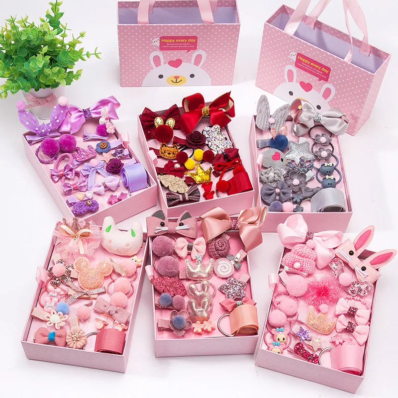 18Pcs/Set Cute Cartoon Hair Clips Girls Bowknot Animal Colorful Hairpins Childrens Princess Elastic Hair Bands Gift Set Box