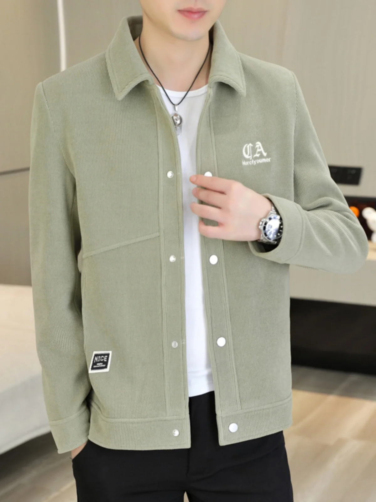 

Autumn Winter Men's Woolen Jaet ort Plu Modern Sle Faionable Youth Outerwear Single Button Closure Stand Fit