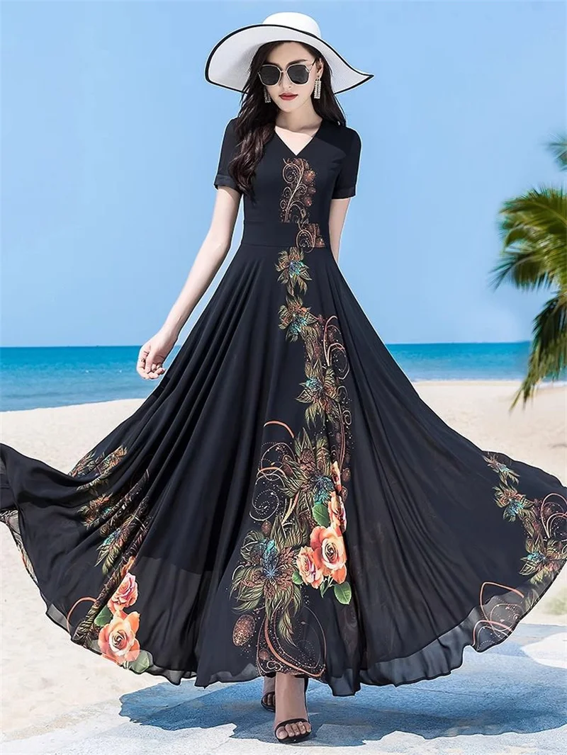 Elegant Summer Dress Short Sleeve High End fake Two-Piece Dress 2025 New Fashion Print Slim Fit And Slimming To Ankle Long Skirt