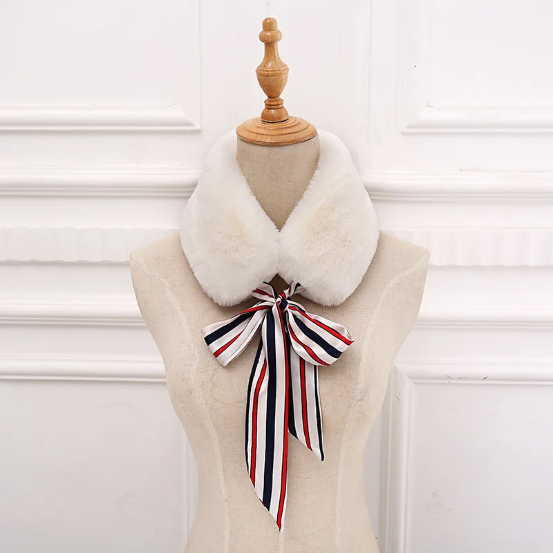 Syal bulu imitasi kelinci gaya Korea baru untuk musim dingin, syal pita, kerah bulu, warna solid, serbaguna, trendi
