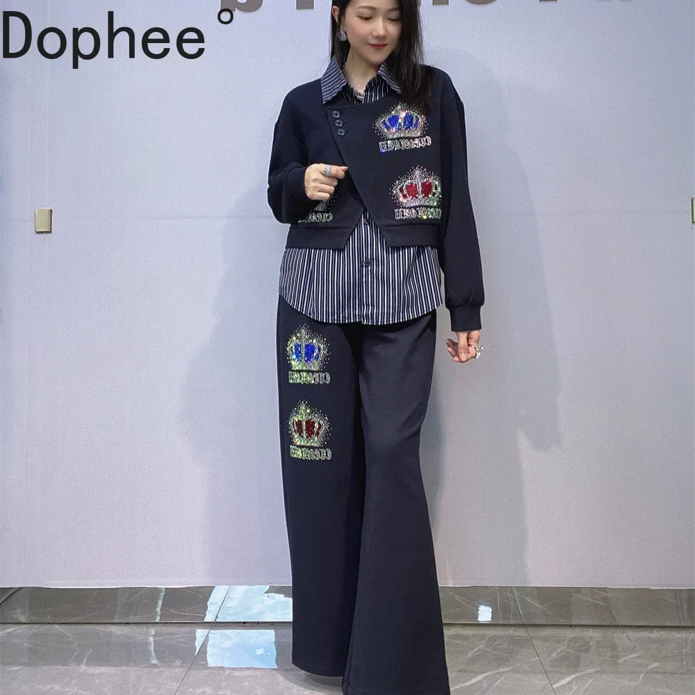 

Fashion Lady Two-piece Set Luxury Crown Diamonds Faux Two-piece Stripes Shirt Top + Elastic Waist Wide Leg Straight Pants Suits