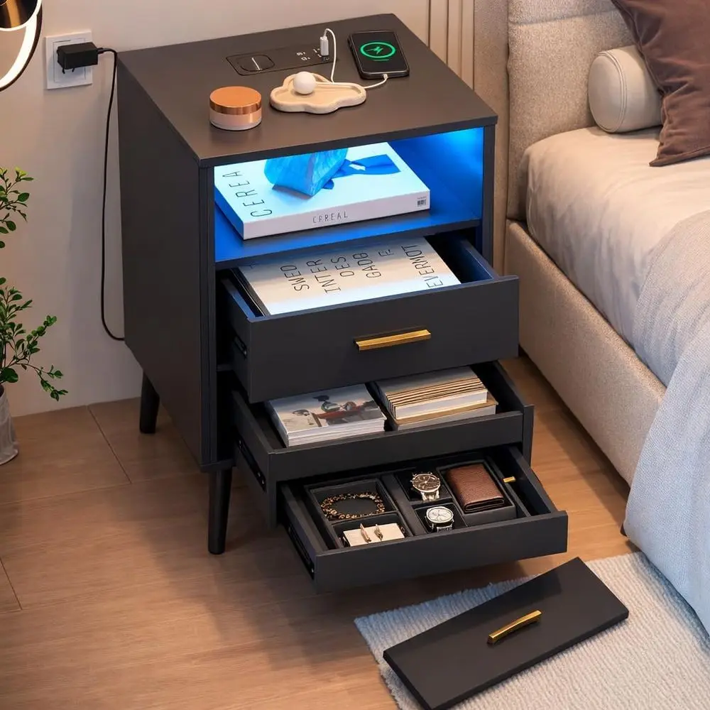 

Nightstand Set of 2, Nights Stand with Compartment Drawer, Bedroom LED Nightstand with Charging Station, Bedside bedside