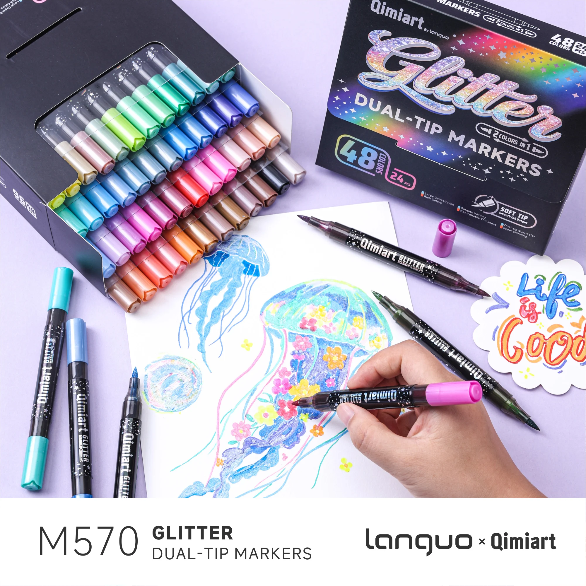 LANGUO 48/96Colors Double-Ended Glitter Marker Pens Brush Tip Dual Color Metallic Paint Art Markers for Scrapbooking Card Making