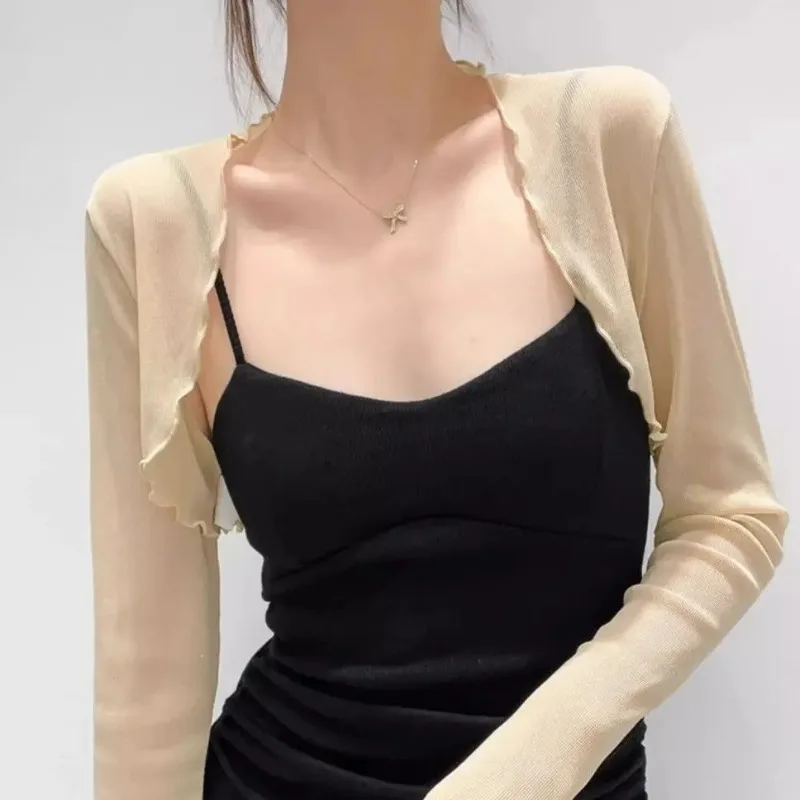 

2025 Summer Short Cardigan New Sim Fit Short Shawl Mesh Sun Protection Shoulder Long Sleeved Cover Shirt for Women