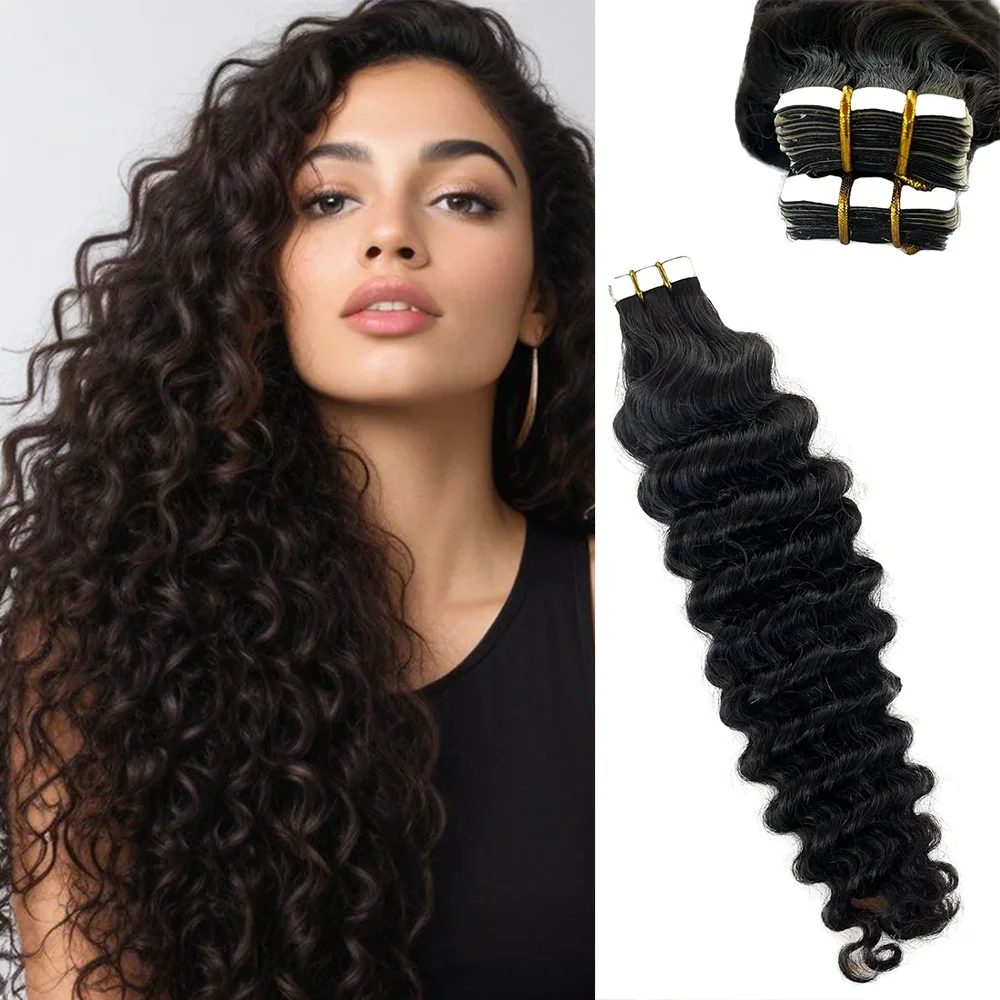 Tape in Hair Extensions Human Hair Black Women Curly Tape in 100% Human Hair Extensions Tape ins Black Salon High Quality #1B