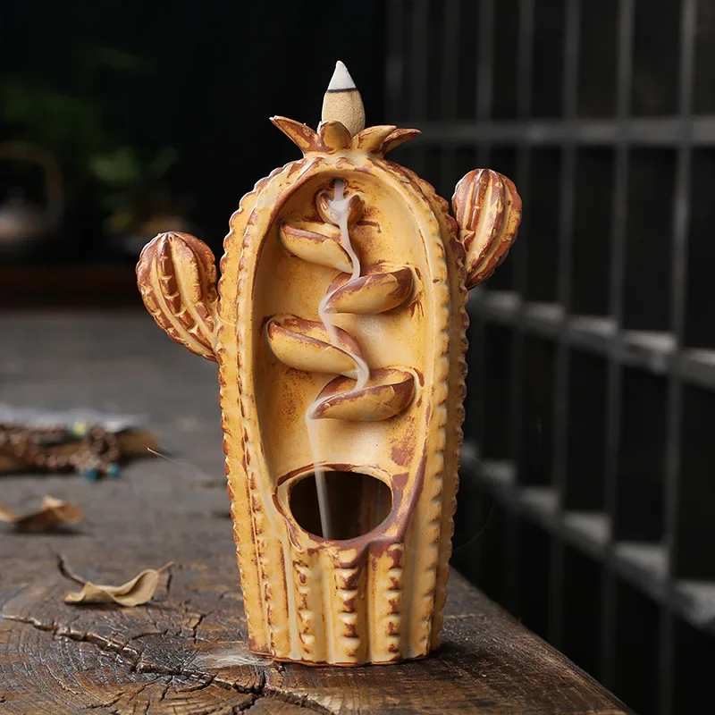 1pc Cactus Backflow Incense Burner Cute Ceramic Waterfall Incense Holders For Home Office Decor Gift Tea Pet (Without Incense)