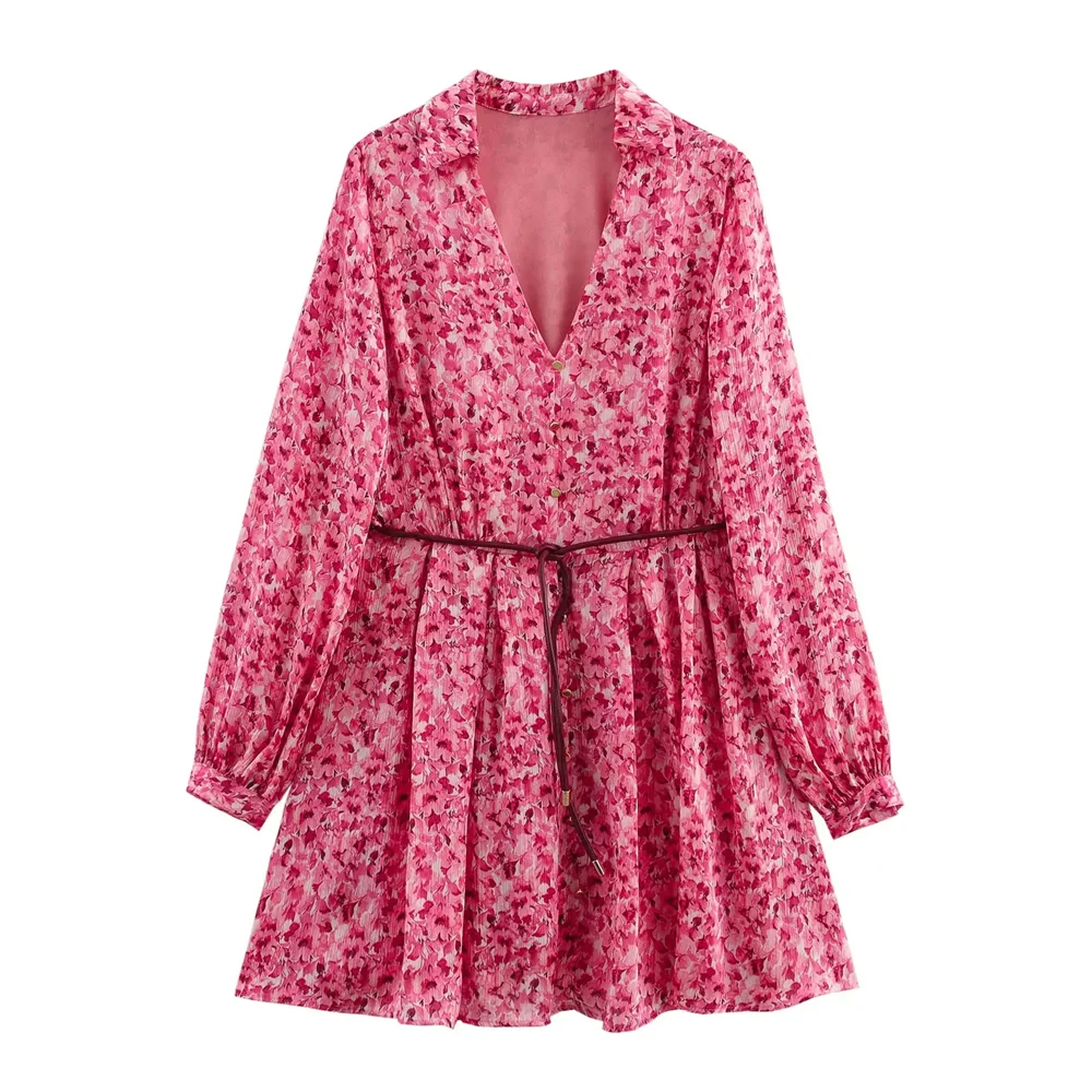   เดรสลายดอกไม้ คอวี แขนยาว ทรงหลวม สไตล์ลำลอง อเนกประสงค์ กระโปรงสั้น สำหรับฤดูร้อน ปี 2025 เสื้อผ้าผู้หญิงแบบใหม่