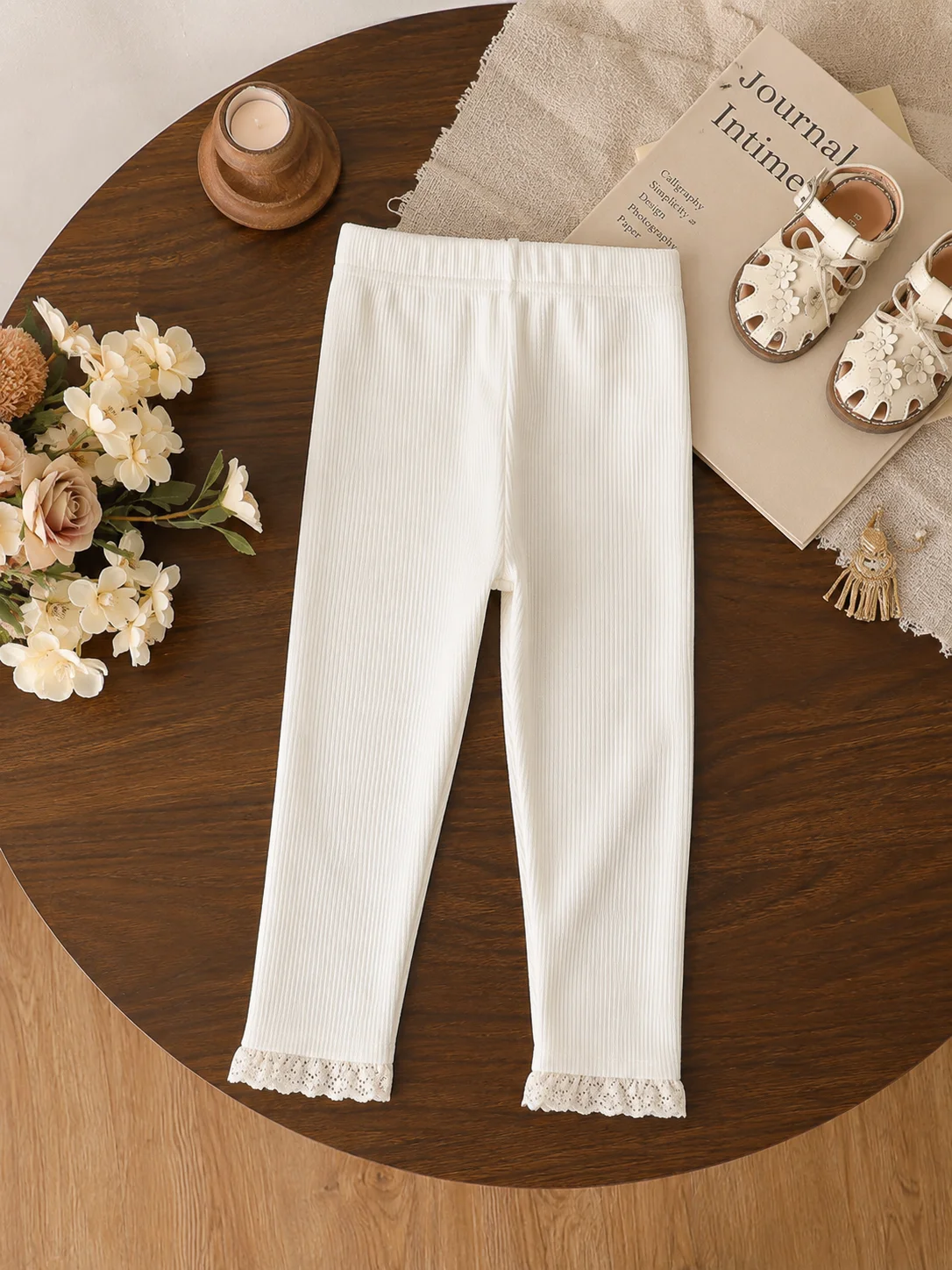 Spring Autumn Baby Girl White Ribbed Leggings, Infant Stretch‑Fit Long Pants With Delicate Lace Trim At Cuff For Daily Wear