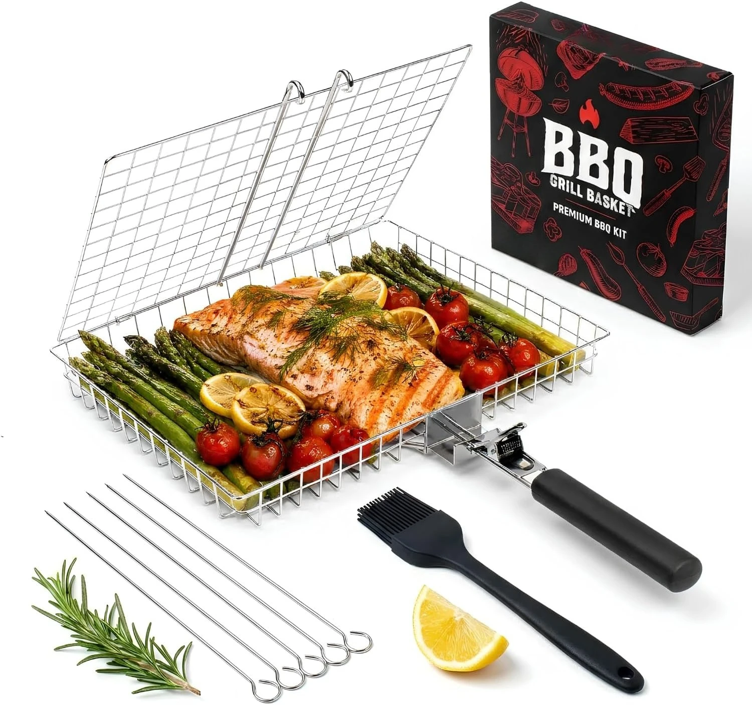 Detachable Wooden Handle Stainless Steel Non Stick BBQ Grill Basket Outdoor Camping Grilling Rack For Fish Vegetables Barbecue Accessory Gift