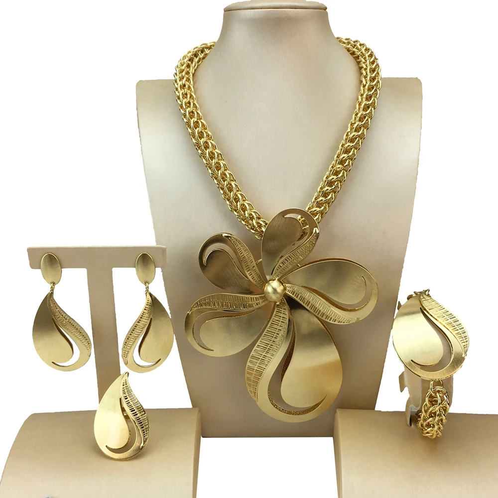 Brazilian Gold-Plated Big Wedding Bridal Necklace Gifts New Fashion Trendy Women Jewelry Set FHK16474