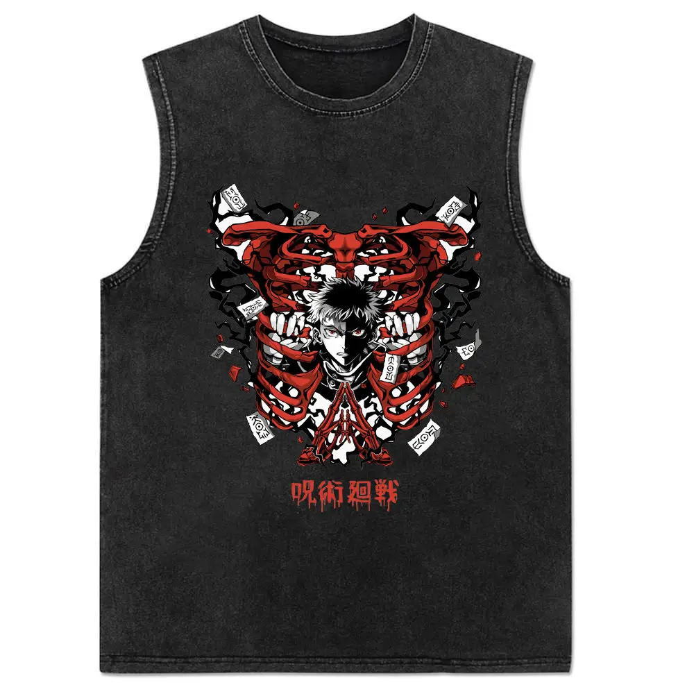 2024 New Vest Summer, Spell Back To War, Anime Printed Cotton Vest Men\'s Washed Retro Sleeveless T-shirt Ins