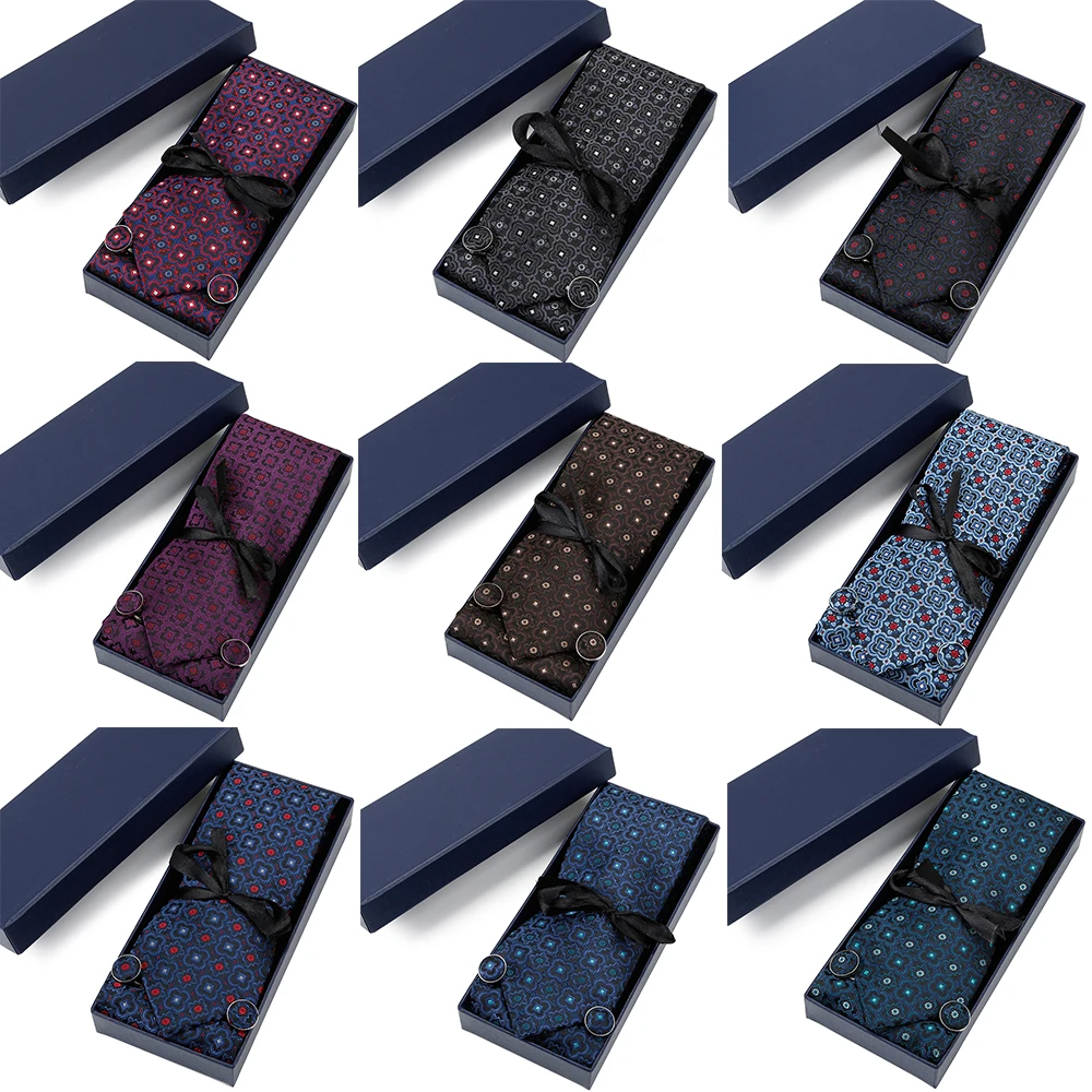 HUISHI Man High-quality Ties Set Blue Jacquard t Neckties Cufflinks Handkerchiefs Long Gift Box Annual Meeting Suit Accessories