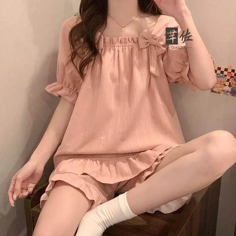 Summer Cotton Sleepwear Women's Short Sleeve Loose Fit Lightweight Sweet Girl's Set Princess Style Home Clothes with Chest Pad