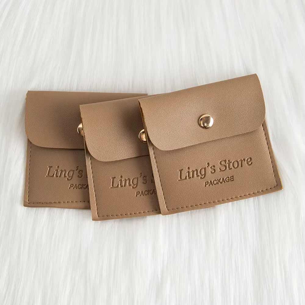50/100pcs Personalized Logo 8x8cm Vintage Jewelry Leather Snap Bag Fashion Jewellery Packaging Button Pouch Storage Pockets