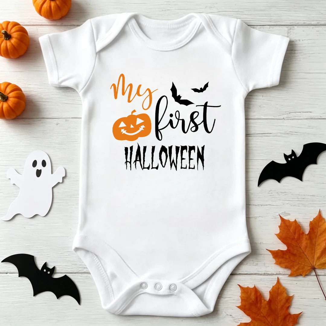 My First Halloween Infant Romper Pumpkin Ghost Bat Print Baby Short Sleeve Bodysuit Newborn Halloween Costume