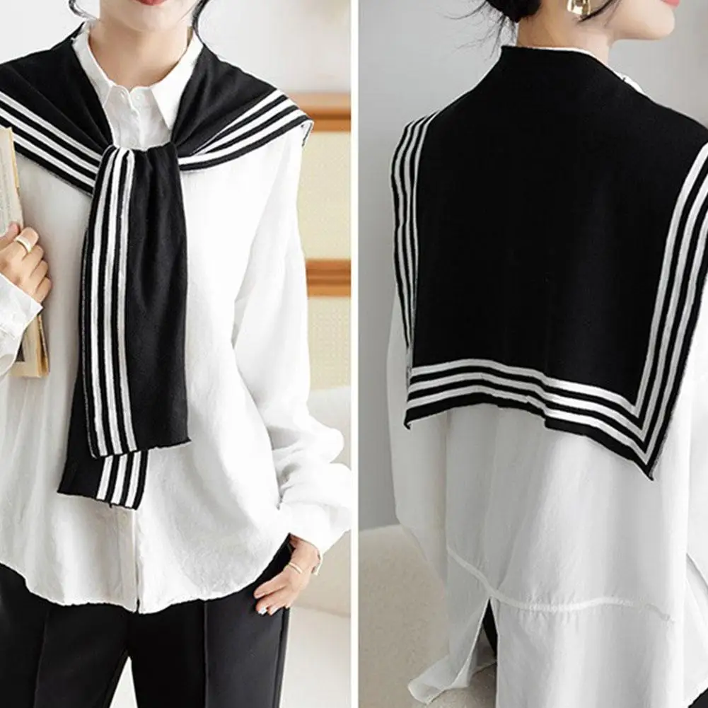 Blouse Shoulders Fake Collar Knitted Shawl Cape Solid Color Wool Scarves Sunscreen Clothes Decoration Black White Stripe Scarf