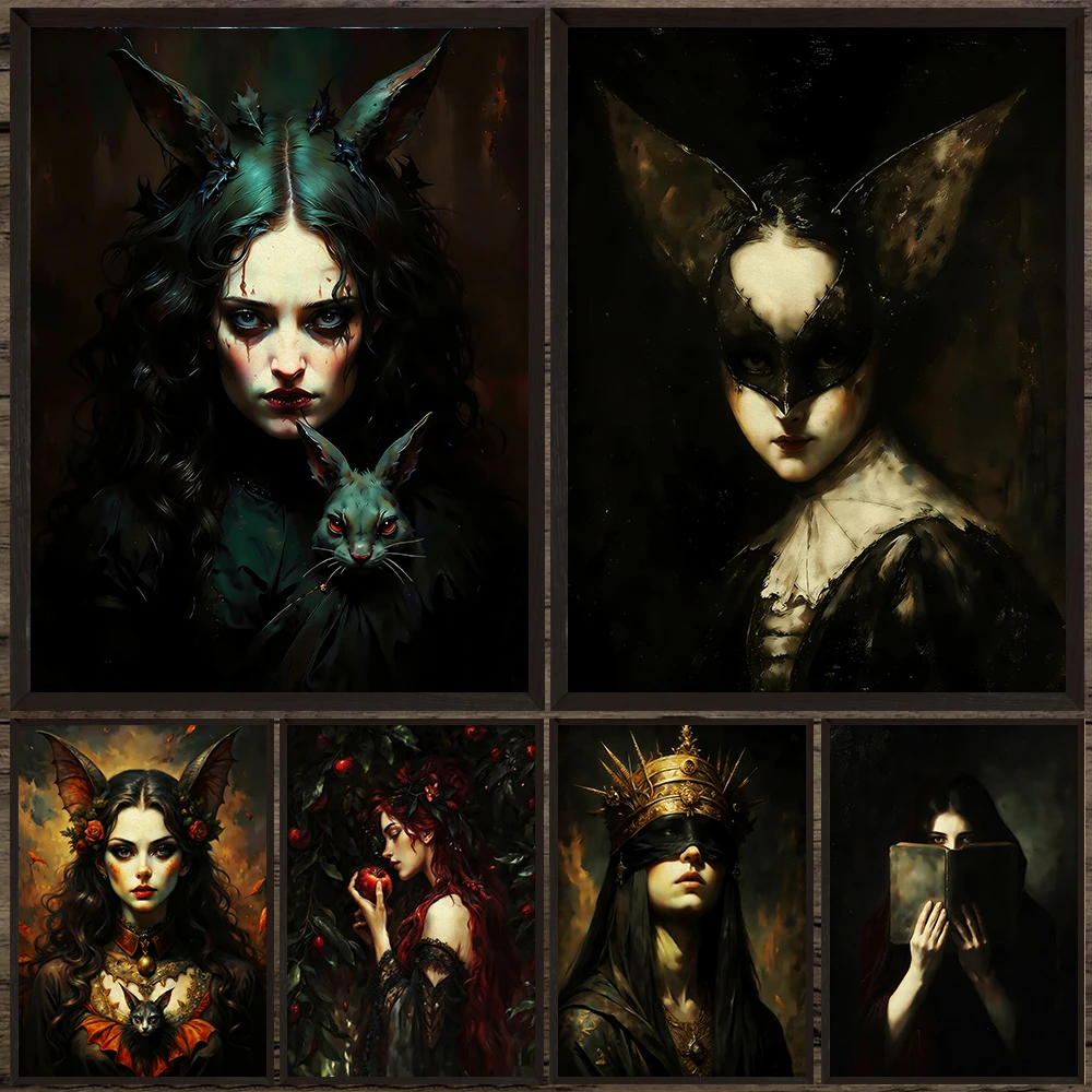 

Gothic Fantasy Girl Vintage Wall Art Canvas Painting,Dark Academia Victorian Magic Decor Witch And Vampire Art Poster And Print