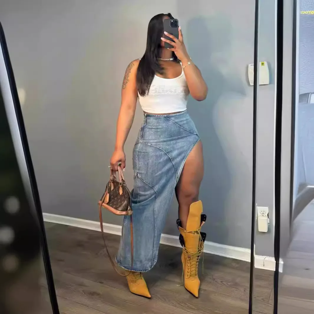 

Denim Irregular Skirt Women High Waist Stretch Distressed Washed Zipper Solid Female Sexy Vintage Long Skirts 2025 Streetwear