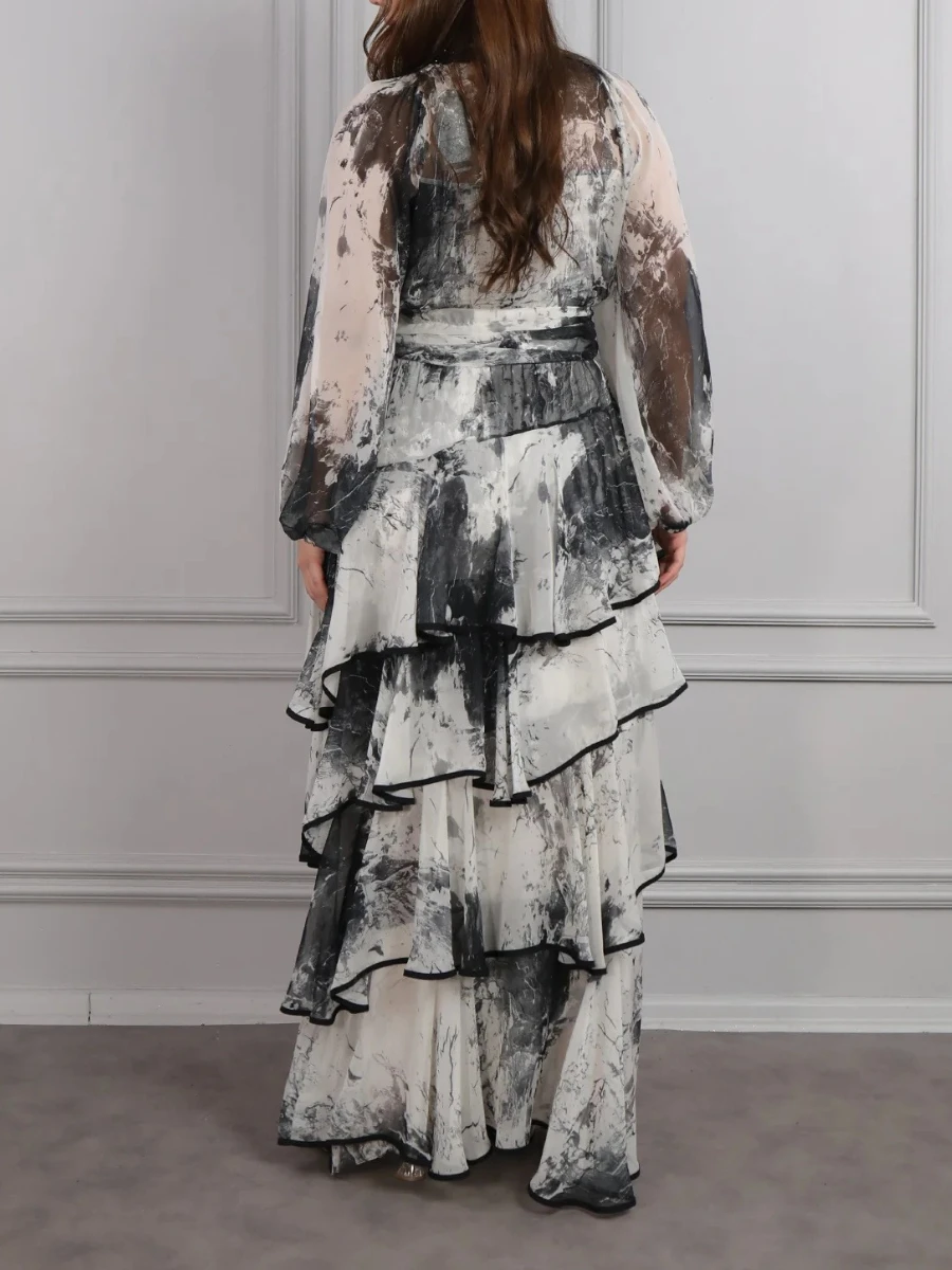 VGH หมึกพิมพ์ Spliced SHEER ชุดผู้หญิงคอยาวแขนยาวเอวสูง Patchwork Ruffles Maxi ชุดแฟชั่นหญิง