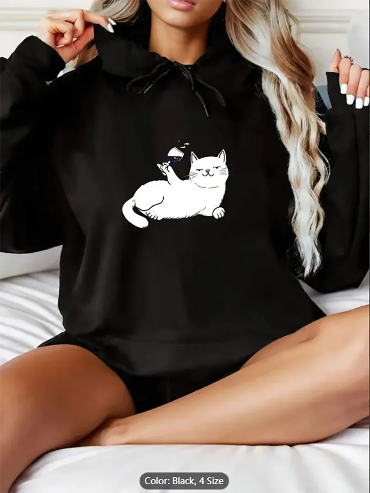 

Женская черная толстовка с капюшоном Cat Holding Cupcake с графическим принтом, повседневная негабаритная толстовка с капюшоном на шнурке для любителей кошек из чистого хлопка