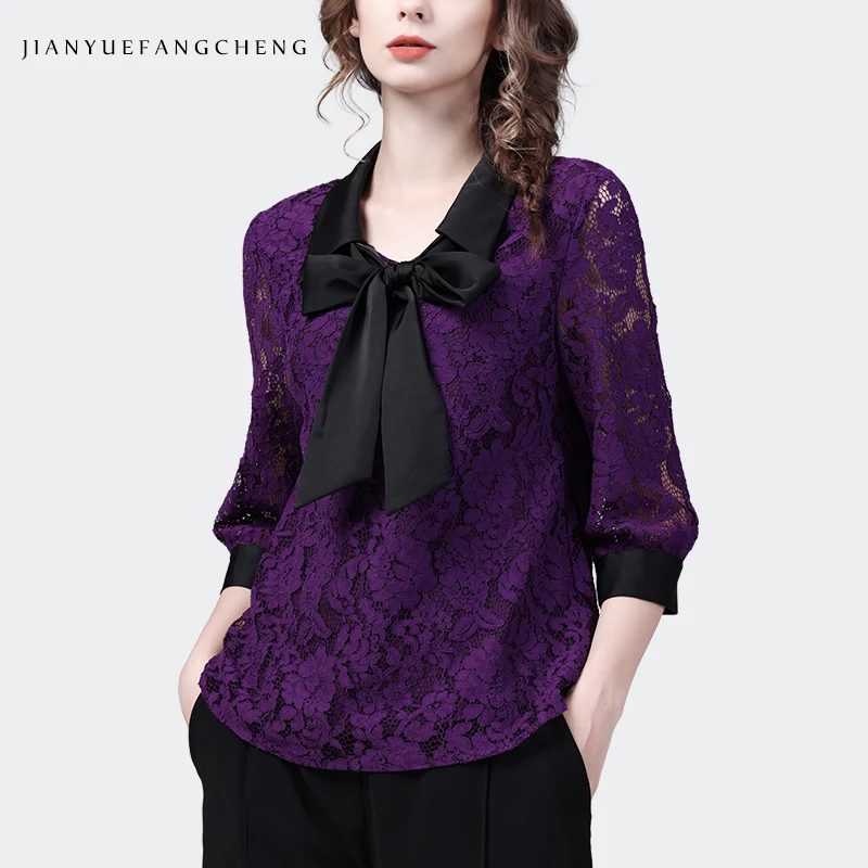 Fashion Square Neck Bow-knot Women Purple Lace Top Hollow Out Loose Casual Ladies 3/4 Sleeves Spring Summer Blouses