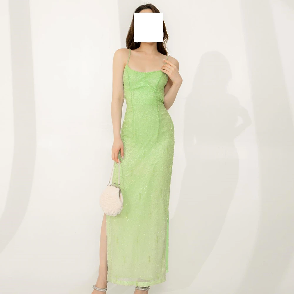 

Sexy Straight Green Ankle Length Evening Dress Modern Square Neck Spaghetti Straps Sequined Sleeveless Pleats Saudi Arabia