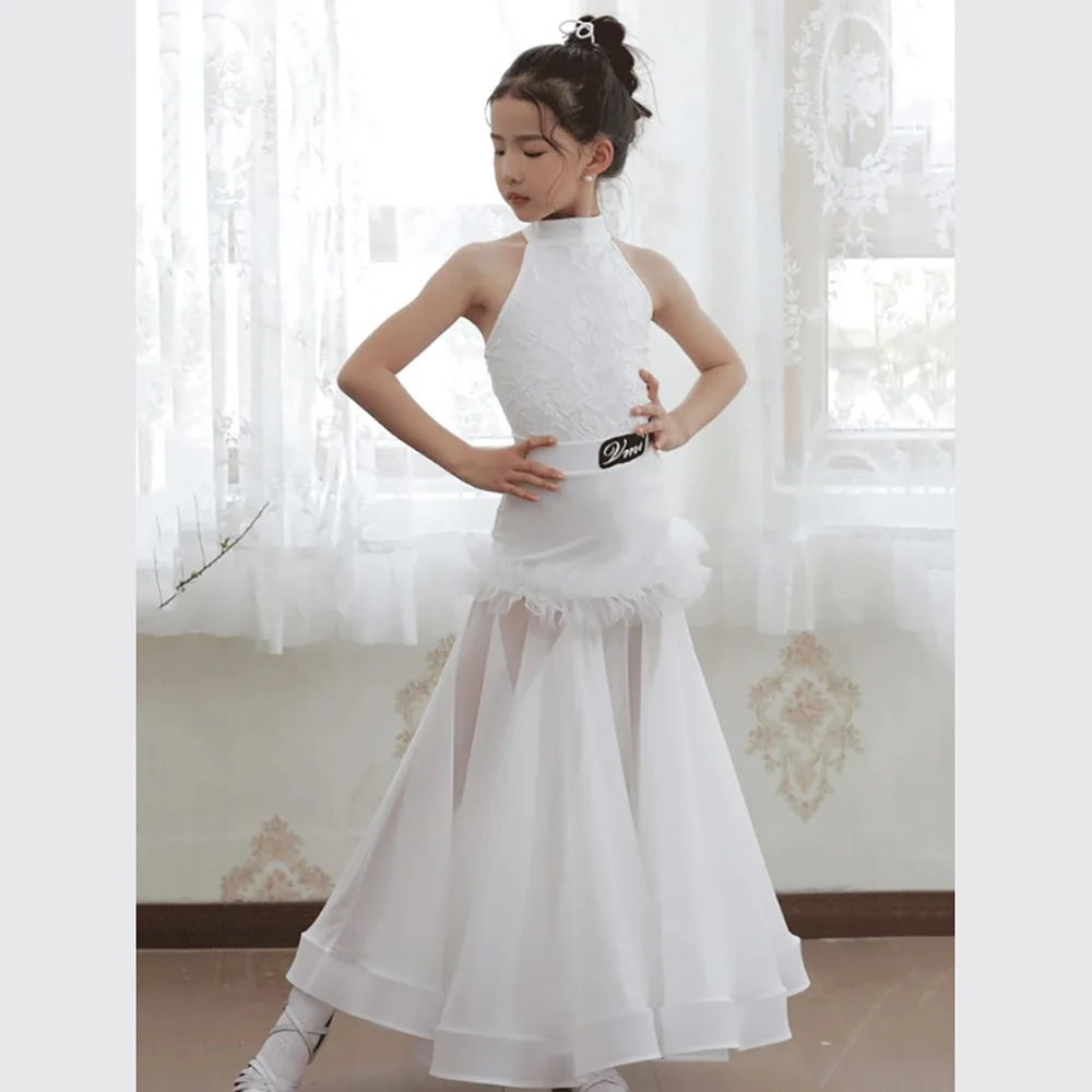 

Children Modern Dancewear Girls Lace Sleeveless Bodysuit Chiffon Large Skirts Performance Waltz Ballroom Dance Costume