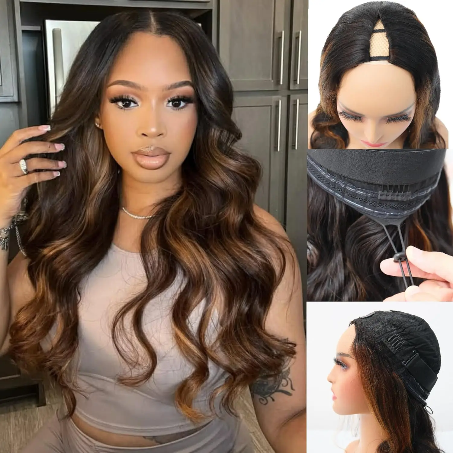 

Парик-накладка V-образной формы Body Wave Upgrade с регулируемым шнурком, плотность 220, V-образные застежки-клипсы, половинный парик с мелированием P1B30, парик из натуральных волос