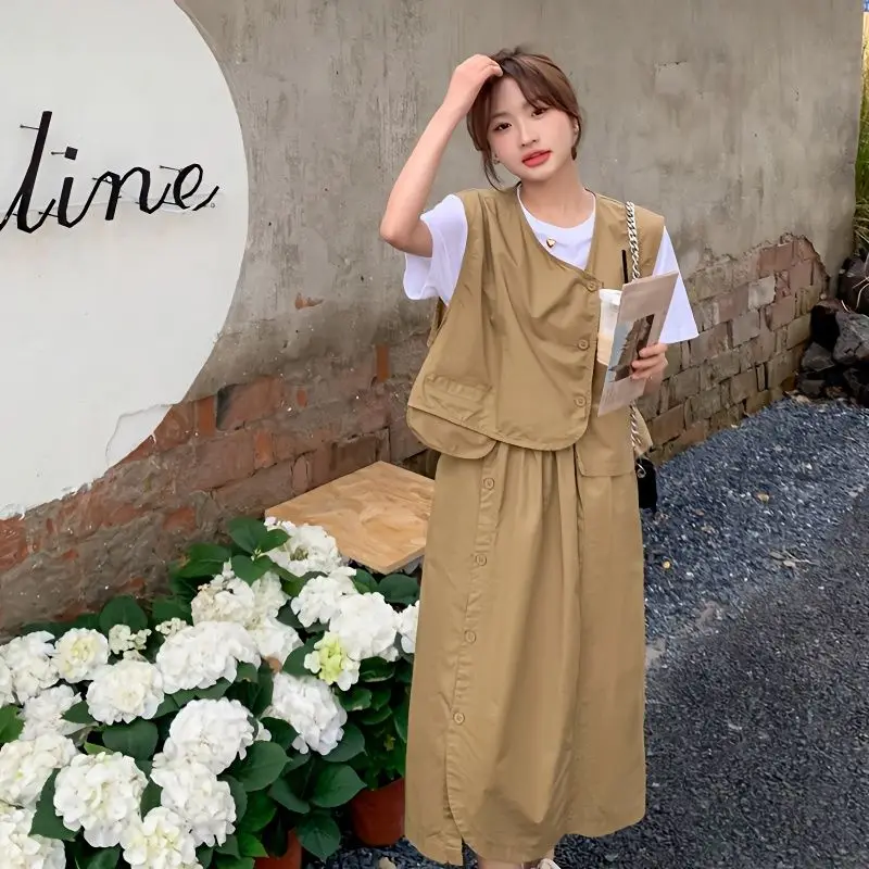 

Korea Three Piece Set Women Solid Vests Midi Skirts Loose Spring Ulzzang Sweet Casual Fashion Simple Preppy Style