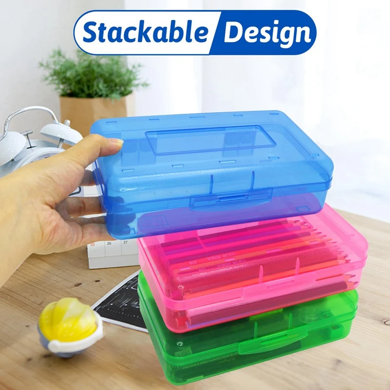 6 Pack Assorted Colors Plastic Pencil Boxes Case Bulk Bulk Capacity Pencil Box Clear Pencil Case With Lid Snap Closure