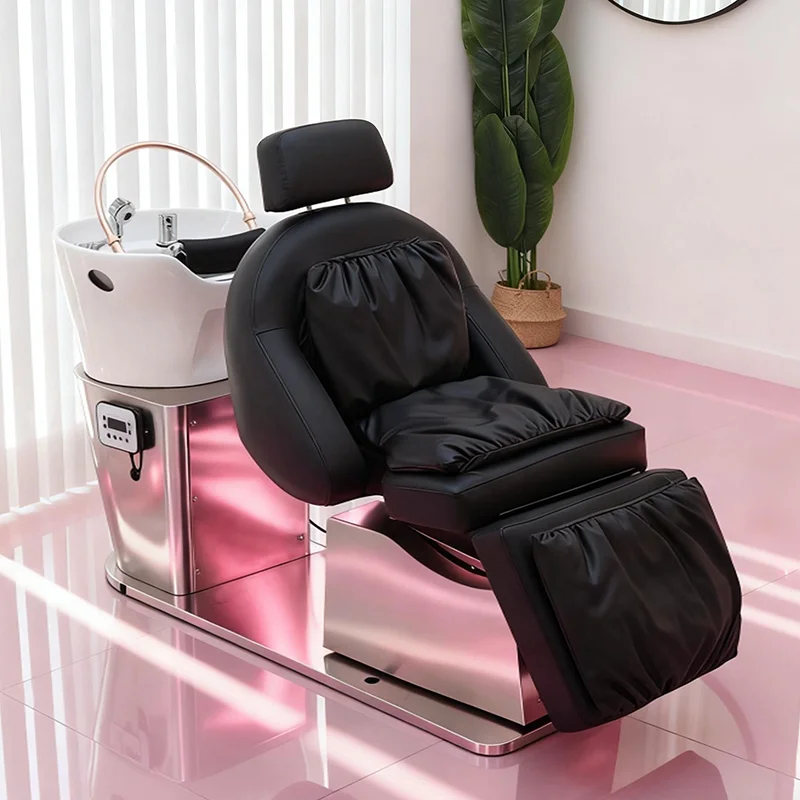 qk-Modern Beauty Salon Furniture Silver Stainless Steel Base Salon Shampoo Luxury Swivel Barbershop Electric Washing Chair@