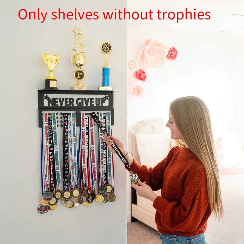 Never Give Up Medal Hanger Display With Shelf - Easy Install Carbon Steel Trophy And Medal Display Shelf