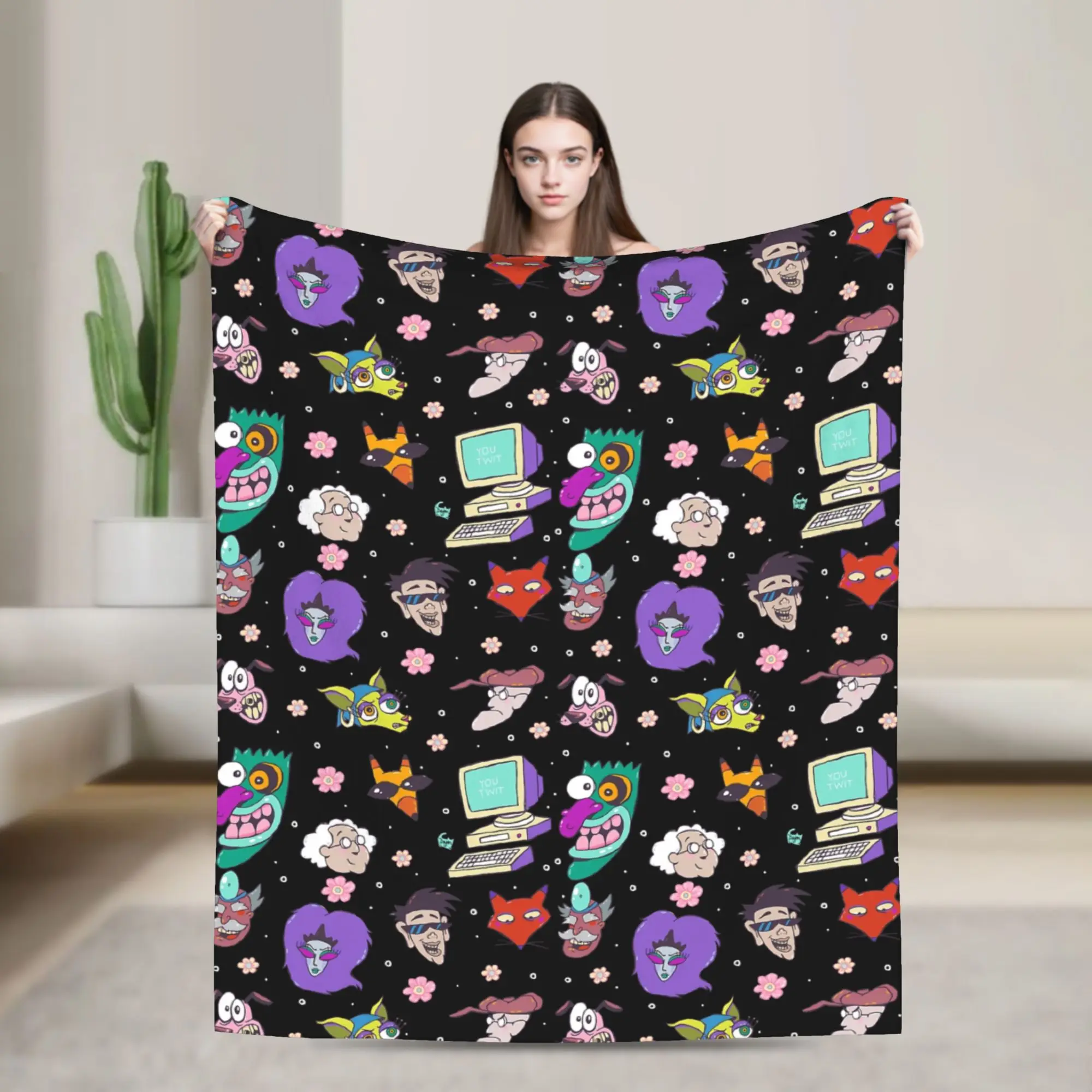 Couraged Cowardlys Dogs Knitted Blanket Fleece Cartoon Lightweight Thin Throw Blanket for Car Sofa Couch Bed Rug