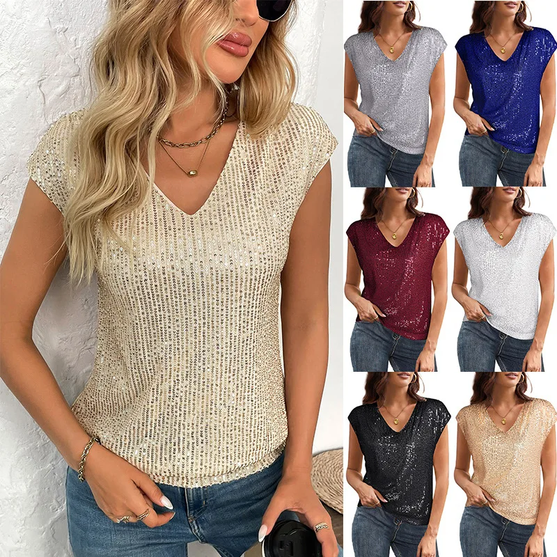 Women's V-Neck Cap Sleeve Sequin Top Elegant Sparkle for Casual Gatherings