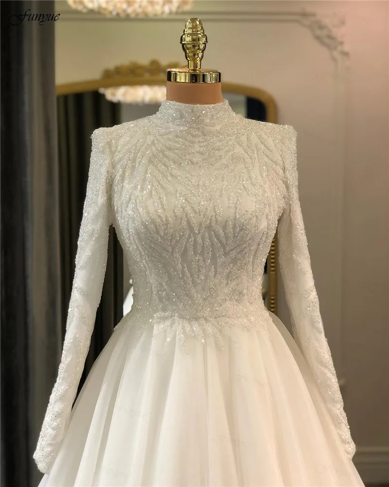 Funyue luxo vestido de casamento sob medida alta pescoço a linha contas corpete manga longa muçulmano vestido de casamento para noiva 2022 robe de mariée